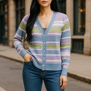 Eddie Bauer Cardigan Sweater Womens Small Multi Color Striped Preppy Casual